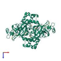 Homo dimeric assembly 1 of PDB entry 7tvs coloured by chemically distinct molecules, top view.