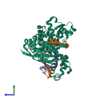 Hetero trimeric assembly 1 of PDB entry 7u73 coloured by chemically distinct molecules, side view.