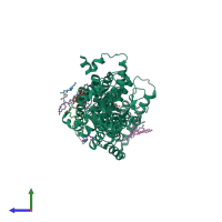 PDB entry 7v74 coloured by chain, side view.