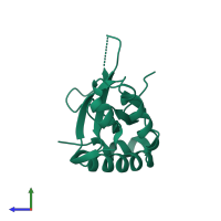Monomeric assembly 1 of PDB entry 7vln coloured by chemically distinct molecules, side view.