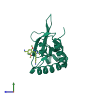 Monomeric assembly 2 of PDB entry 7vln coloured by chemically distinct molecules, side view.