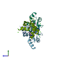 PDB entry 7vus coloured by chain, side view.