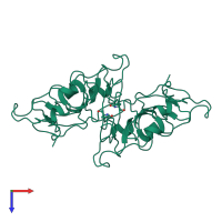 Homo dimeric assembly 3 of PDB entry 7wga coloured by chemically distinct molecules, top view.