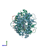 PDB entry 7wol coloured by chain, side view.