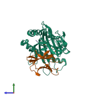 PDB entry 7x00 coloured by chain, side view.