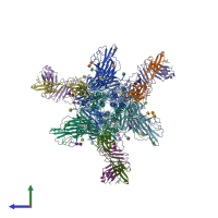 PDB entry 7x08 coloured by chain, side view.