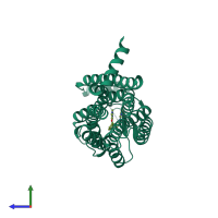 PDB entry 7xrr coloured by chain, side view.