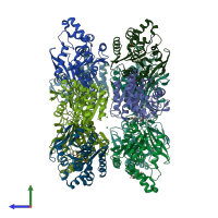 PDB entry 7xrv coloured by chain, side view.