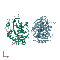 PDB entry 7xtr coloured by chain, front view.