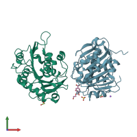 PDB entry 7xtt coloured by chain, front view.