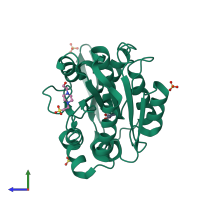 PDB entry 7yas coloured by chain, side view.