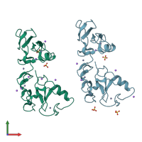 PDB entry 7ynx coloured by chain, front view.
