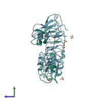 PDB entry 7ynx coloured by chain, side view.