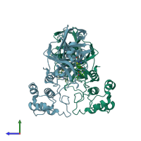 PDB entry 7yrz coloured by chain, side view.