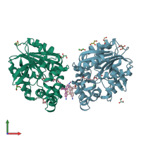 PDB entry 7zba coloured by chain, front view.