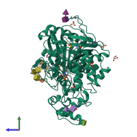 PDB entry 7zpb coloured by chain, side view.