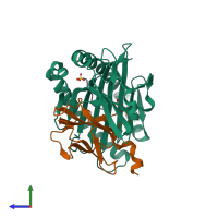 PDB entry 7zqj coloured by chain, side view.