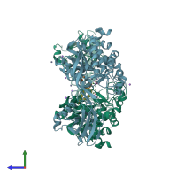 PDB entry 8ack coloured by chain, side view.