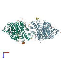 PDB entry 8aev coloured by chain, top view.