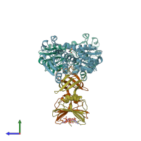 PDB entry 8at1 coloured by chain, side view.
