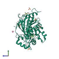 PDB entry 8bt2 coloured by chain, side view.