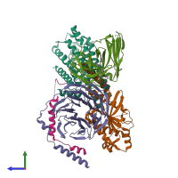 PDB entry 8dpi coloured by chain, side view.
