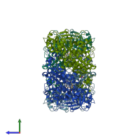 PDB entry 8ej0 coloured by chain, side view.