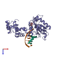 Hetero trimeric assembly 1 of PDB entry 8icf coloured by chemically distinct molecules, top view.
