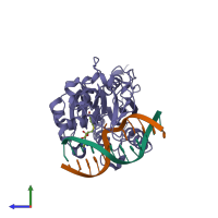 PDB entry 8mht coloured by chain, side view.