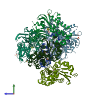 PDB entry 8ow7 coloured by chain, side view.