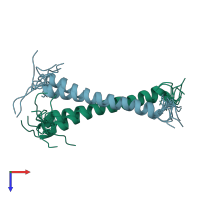 PDB entry 8oyd coloured by chain, ensemble of 10 models, top view.