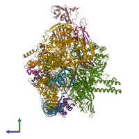 PDB entry 8reb coloured by chain, side view.