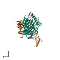 PDB entry 8sh1 coloured by chain, side view.