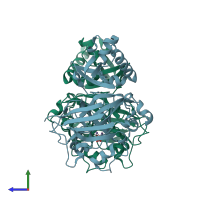 PDB entry 8sky coloured by chain, side view.