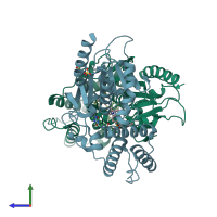 PDB entry 8try coloured by chain, side view.