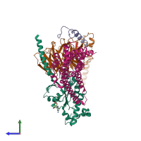 PDB entry 8unu coloured by chain, side view.