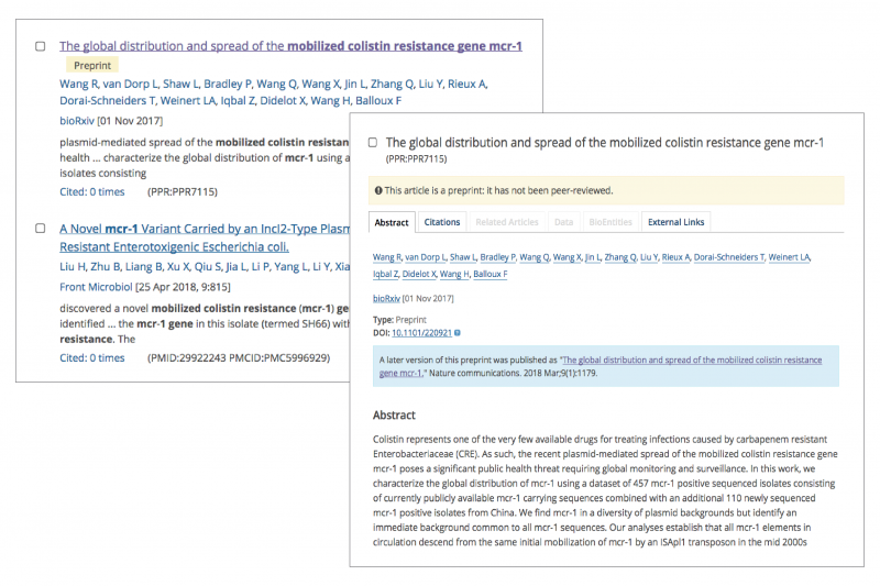 Search results and abstract views in Europe PMC differentiate preprint from peer-reviewed articles.