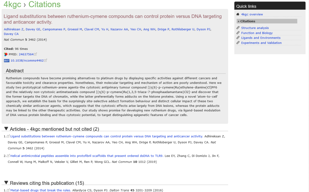 A snapshot of the citation page for PDB ID 4KGC.